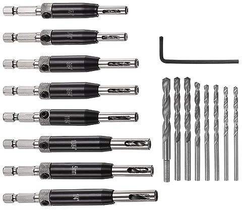 sourcing map 16pcs Self Centering Drill Bit Set 5/64 - 1/4 Door Hinge Drill Bit High Speed Steel Hex Shank Spring Loaded Woodworking Bits with Hex Key and Extra Replacement Drill Bits