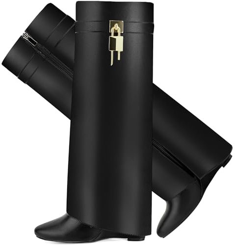 CDHYX Stivali da donna pieghevoli con zeppa e cerniera laterale, Nero, 41.5 EU