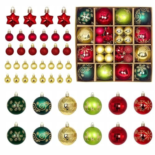 MUUWUU 44 Stücke Weihnachtskugeln Set, Christbaumkugeln,Kunststoff Weihnachtsbaumkugeln Box mit Aufhänger, Plastik Bruchsicher Kleine Bälle für Weihnachtsbaum Deko (Rot&Gold&Grün)