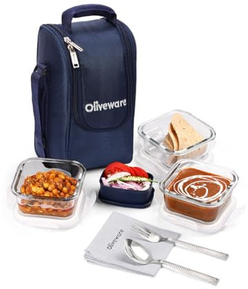 SOPL-OLIVEWARE Executive Glassware Lunchbox, Borosilicate Glass, Microwave & Freezer Safe, Set of 3 with BPA Free Lid (320ml) Each - Blue