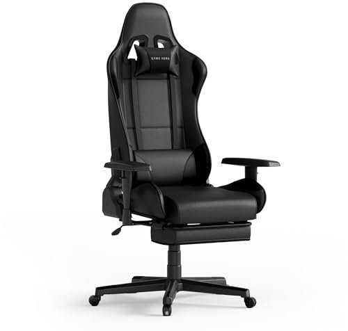 Game Hero Gaming Stuhl Ergonomisch - Gamer Stuhl mit Lendenkissen und Kopfstütze - Bürostuhl mit Fußstütze - Schreibtischstuhl aus PU-Leder, Gaming Chair bis max. 125 kg - Winner X1 (Schwarz)