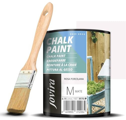 JOVIRA PINTURAS Pintura Tiza - Chalk Paint al Agua Mate + Pincel especial para madera. Renueva tus muebles con creatividad. (750 Mililitros, Rosa Porcelana + Pincel)