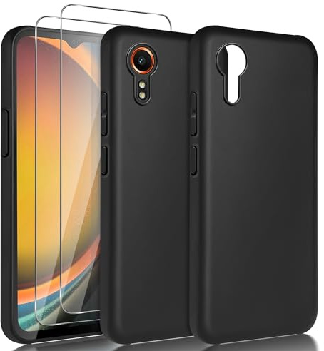 Matte Hülle + 2 Stück Displayschutz Kompatibel für Samsung Galaxy Xcover 7 | Kratzfest 9 Härtegrad Hochauflösend Hartglas, Weiche Matte Xcover 7 Hülle mit 2 Panzer schutzglas - Schwarz