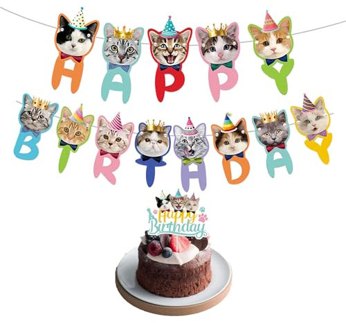 Huakaile Cat Birthday Decorations: 2Pc Kit, Kitty Banner & Cake Topper, Cat Themed Party Supplies