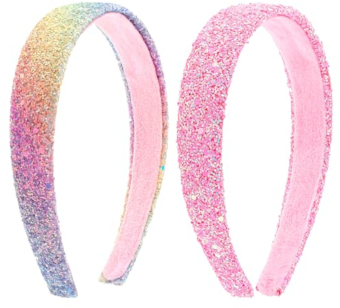 COMNICO 2 Stück Glitzer Stirnbänder für Mädchen Niedliche Glitzernde Breite Dicke Stirnbänder Bling Rutschfestes Haarband Regenbogen-Pailletten Haarschmuck für Kinder Frauen