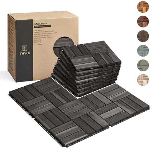 THYOI Premium Deck Tiles, Patio Flooring - Outdoor Waterproof Acacia Wood Tiles for All Weather Use - Balcony, Backyard, Indoor & Outdoor (Square Ft) (10, Black, 12S)