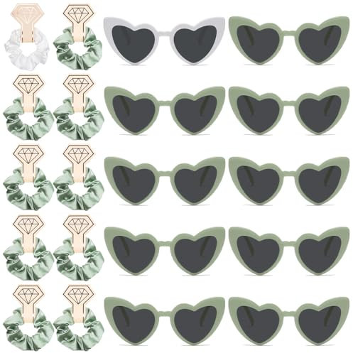 Meleager Sonnenbrille Herz, 10 JGA Herz Brille und 10 Team Bride Haargummi, JGA Accessoires Frauen, Sonnenbrille Herzform Set als Brautjungfer Geschenk (Grün + Weiß)