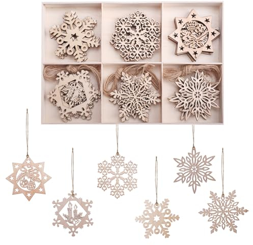 YunBey 30 Piezas Copos de Nieve de Madera Adornos Árbol de Navidad con Cuerda Copos de Nieve Decoración Navidad Madera para Manualidades Hogar Decoración de Regalo