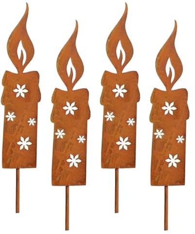 HERZONE 4pcs Rostoptik Steckkerzen Kerze Weihnachtsdeko Rost Metall wetterfest