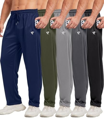 lomsoe 5 Pack Mens Sweatpants Open Bottom Joggers for Men with Zip Pockets Loose Fit Mesh Athletic Pants for Running,Casual(Black,Dark Gray,Light Gray,Navy,Army Green,L)