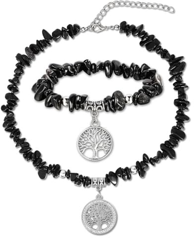 MILAKOO Tree of Life Necklace & Bracelet Jewelry Set for Women Chip Tumbled Stone Chakra Stone Prayer Beads