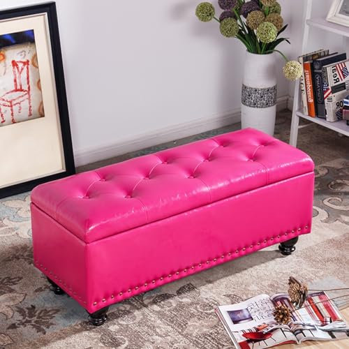 Stauraumbank, Ottomane für das Bettende im Schlafzimmer, PU-Leder-Tufted-Eingangsbank, Gepolsterte Bank mit Beinen aus Massivholz, für Schlafzimmer, Wohnzimmer, Eingangsbereich, Flur(Magenta,40cm)