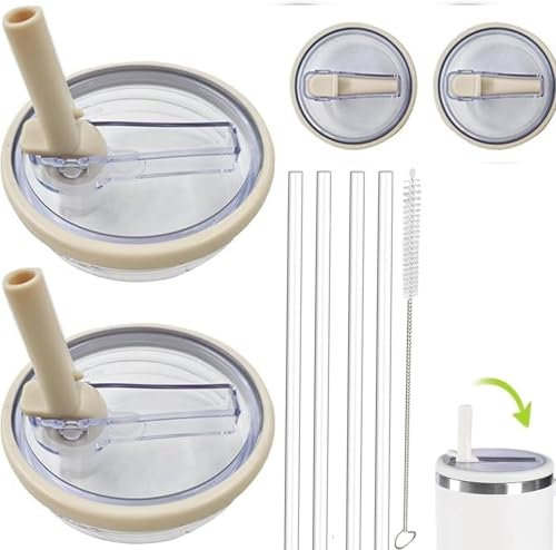 2 Pack 40 oz Tumbler Flip Straw Lid Replacement fit for Stanley Quencher 1.2L, Spill Proof Splash Resistant Tumbler Lids, Tumbler Cover Sets with 4 Straws and 1 Cleaning Brush(Beige, 40oz)