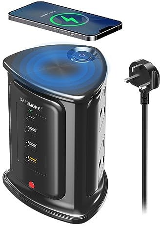 Extension Lead Tower with 10W Wireless Charger, SAFEMORE 4 AC Outlets with 1 Type C PD 18W & 3 USB A (5V/3.1A) Charging Station 2M 1050J Power Strip Surge Protector for Home, Office, Dorm Accessories