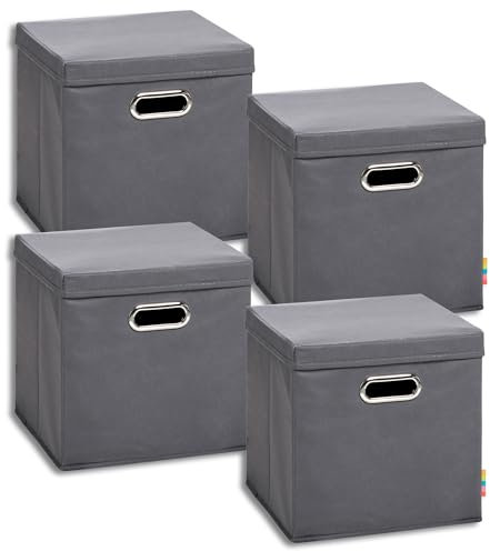 Storanda | 4er Set Aufbewahrungsbox mit Deckel 28x28x28 cm | Beiseitig Breite Griffe | Stabil & Faltbar | Regalbox für Würfelregal | Anthrazit