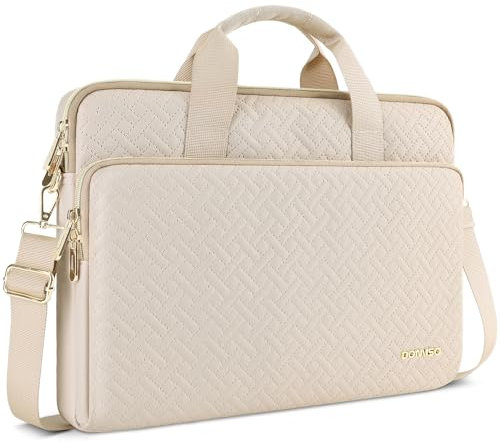 DOMISO 14 Pouces Sacoche Ordinateur Portable de Protection,Sac à Bandoulière Pochette Housse Imperméable Zip Doré Mallette Sac Messager pour 14 Dell ASUS HP Chromebook,Beige