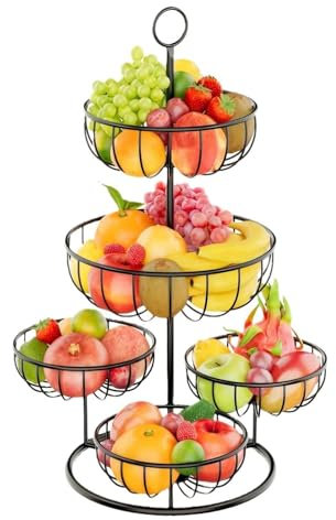 5 Tier Fruit Basket, Fruit Bowl Black Wire, Bread Basket Metal, Kitchen Vegetable Storage Basket, Countertop Fruit and Veg Storage, Serving Baskets for Food, Fruit, Vegetables, Bread
