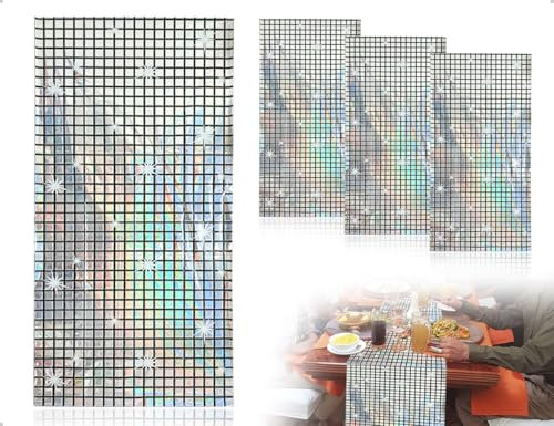 Emezddo Camino de Mesa para Fiesta Disco 3 Piezas,Cortina Brillante,Mantel de Lentejuelas,Ideal para cumpleaños Retro de los años 70 y 80 Decoración para graduación y Aniversario(Plateada,1 x 2 m)