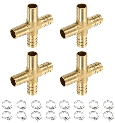 QUARKZMAN 4 Juego Latón Cruzado Tubo Montaje 5/8 (16mm) Cruzada Púa Unión | con Manguera Abrazadera, Accesorio Tubería Adaptador, para Agua/Combustible/Aire Transporte Conexión Tuberías