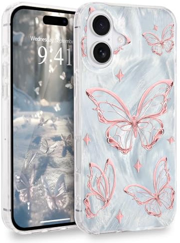 L-FADNUT for iPhone 16 Case for Women Girls, Glitter Silver Cute Butterfly Pattern Phone Case, Trendy Shiny Slim Protective Anti-scratch Aesthetic Cover for iPhone 16, Pink