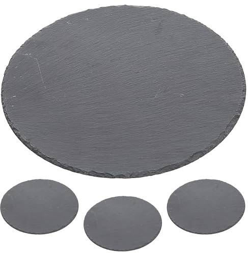 Cepewa Schieferplatte 4er Set | rund Ø33cm Filzschoner | Tischuntersetzer Steinplatte Servierplatte Untersetzer (1 x 4er Set Schieferplatte Ø33cm)