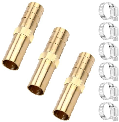 3Pcs 3/8 Barb Hose Repair Kit, Adjustable Brass Water Hose Fittings Repair Kit, Waterproof Pressure Washer Hoses Fittings Repairs kits with 6Pcs Stainless Steel Plumping Clamp for Air Water Fuel Oil