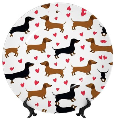 POEZJZW Plato decorativo de porcelana china, diseño de perro salchicha romántico, para manualidades, decoración perfecta para el hogar, oficina y cafetería, 10 pulgadas