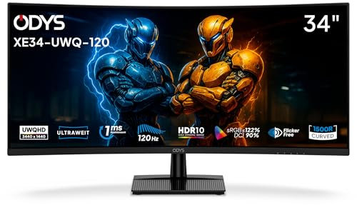 ODYS XE34-UWQ-120 Curved Gaming Monitor – 34 Zoll (86 cm) UWQHD (3440x1440), 120 Hz, 1ms, 21:9, VA-Panel, HDR10, Adaptive Sync, 122% sRGB, 1500R Krümmung, HDMI 2.1, DisplayPort