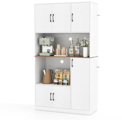TANGZON Tall Kitchen Cupboard, Pantry Storage Cabinet with 6 Doors, Built-in Power Outlet & Anti-tipping Device, Freestanding Wooden Sideboard Unit for Home Dining Living Room (White)
