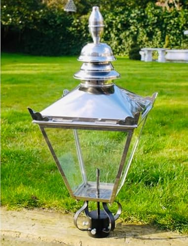 My Square Mile Victorian Garden Post Lamp, 90cm Vintage Lantern, Copper/Stainless Steel/Black, Metal with Glass and Mount Fixings Included (Stainless Steel)