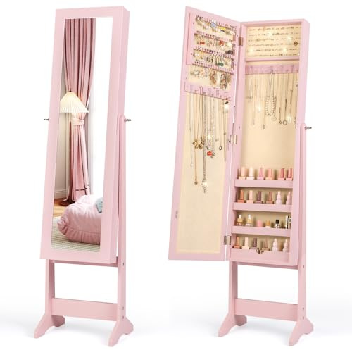 COSTWAY Freestanding Jewellery Cabinet, 3-Angle Adjustable Jewelry Armoire with Full-Length Mirror and Large Storage, Bedroom Floor Makeup Cosmetics Jewellery Organiser Unit Gift (Pink+Beige)
