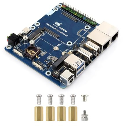 Waveshare Dual Ethernet Base Board, Compatible with Raspberry Pi CM5, Supports 4G/5G, Dual 4K Display Outputs, Dual MIPI Interfaces, 40PIN GPIO Header, Dual USB 3.2 Gen1 Ports, PoE Module Support