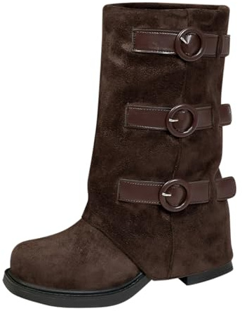 Generisch Women's Fold Over Boots Chic Loose Calf Boots Wide Fit Wide Shaft Boots with Buckles High-High Boots Bock Heel Suede Boots for Casual Outfits