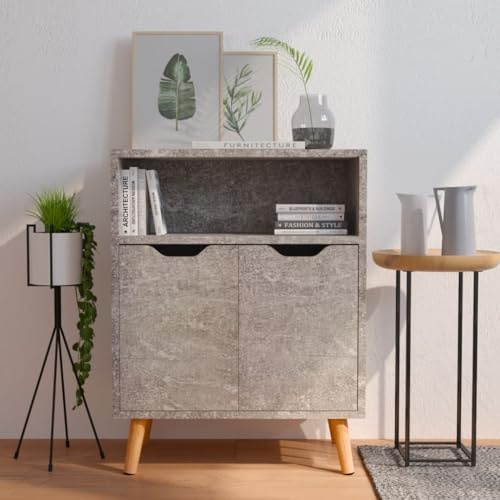 Mandloder Buffet gris béton 60 x 30 x 72 cm, commode en bois avec 3 compartiments, espace de rangement pour salon, couloir, bureau, armoire d'appoint durable