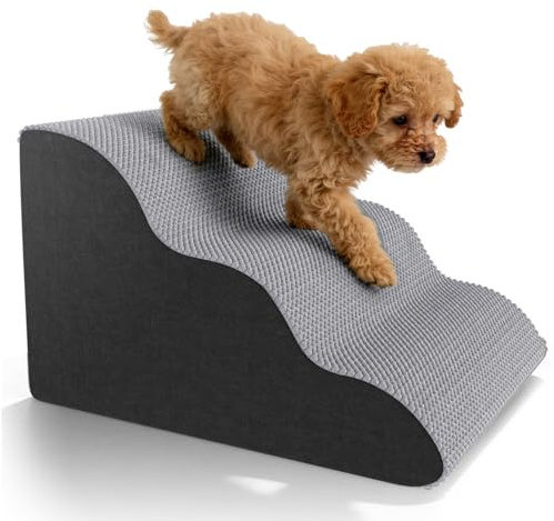 Pet Stairs for Small Dogs & Cats, 3-Step Curved High Density Foam Dog Steps with Waterproof Non-Slip Cover, Lightweight Pet Ramp for Bed Sofa, Support Up to 60 lbs, Grey