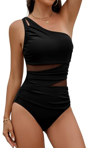 Svanco Maillot De Bain 1 Pièce Asymétrique à Une Épaule àvec Maille, Gainant et Amincissant pour Femmes Rondes
