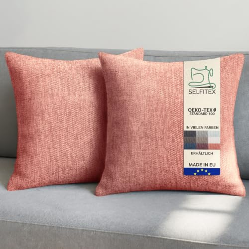 Selfitex 2er Set Sofakissen 50x50 cm, inkl. Füllkissen, gewebter Canvas Stoff, Matte & strukturierte Oberfläche, weiche Polyester Füllung, in Handarbeit gefertigt – Made in EU (Lachsrosa)