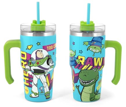 HOME, Tumbler/Mug Térmica Toy Story 600 ml con pajita y mango - Taza térmica de acero inoxidable con Buzz, Rex y Alien - Vaso térmico para bebidas calientes y frías