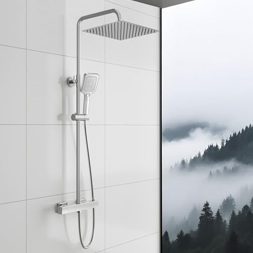 Sky Bathroom Thermostatic Bar Shower Mixer Set – 12 Rainfall Shower with 3-Mode Handheld & Hose, Wall Mounted System & Sliding Riser Rail – Chrome