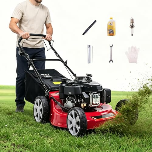 Cortacésped Autopropulsado,Desbrozadora A Gasolina De 18/20,Ajuste De 7 Velocidades,173Cc,4 Tiempos,Ancho De Corte De 46/51Cm,Funciones De Mulching/Bolsa/Descarga Lateral,Para Jardines 18in