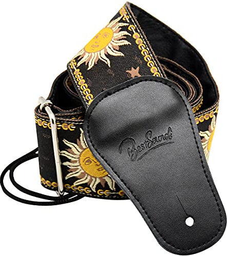 BestSounds Guitar Strap Genuine Leather Ends - Sun Jacquard Weave Strap For Bass Electric & Acoustic Guitars