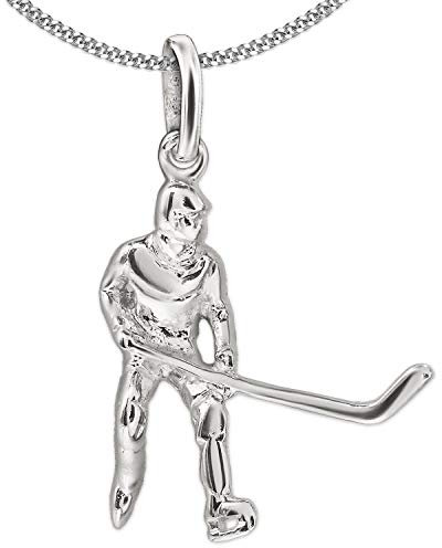 CLEVER SCHMUCK Halskette Eishockey Spieler Anhänger 17 x 19 mm 3D und glänzend Kette Panzer 45 cm 925 Sterling Silber im Schmucketui