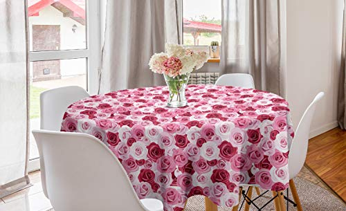 ABAKUHAUS Rose Runde Tischdecke, Blumen Romantisches Girly, Kreis Tischdecke Abdeckung für Esszimmer Küche Dekoration, 150 cm, Rosa Blassrosa und Ruby