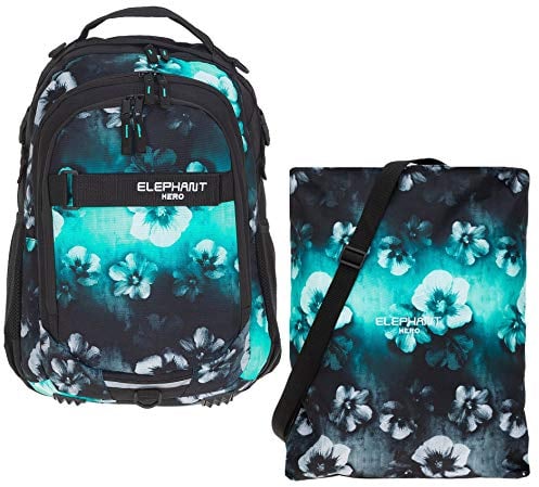 Elephant 2 Teile Set Schulrucksack HERO SIGNATURE Rucksack + Turnbeutel ATTACH BAG (Flower Türkis-Schwarz)