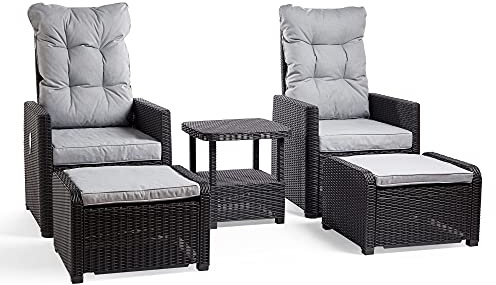 VonHaus Reclining Bistro Set, Rattan Effect Recliner Lounge Set of 2 | Armchairs with Footstools, Cushions & Drinks Table, Garden Chairs & Side Table for Garden, Patio, Decking & Balcony