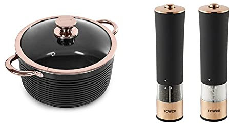 Tower T800002RB Casserole Dish with Lid, Linear Collection with Easy Clean Non-Stick Ceramic Coating, Black and Rose Gold, 5 Litre & T847003RB Electric Salt and Pepper Mill, Rose Gold and Black