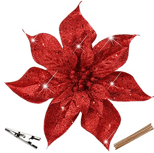 Oairse 8PCS Large Glitter Poinsettia 9/23cm Red Artificial Flowers with Clips Christmas Flower Fake Floral Ornaments for Xmas Tree Holiday Wedding New Year Halloween Christmas Tree Decorations