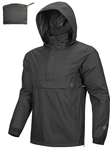 Outdoor Ventures Herren Regenjacke Wasserdichter Pullover mit Kapuze Packbare Reflektierende Jacke Leichte Fahrrad Windjacke Atmungsaktive Softshelljacke für Wandern Laufen Outdoor Schwarz 2XL