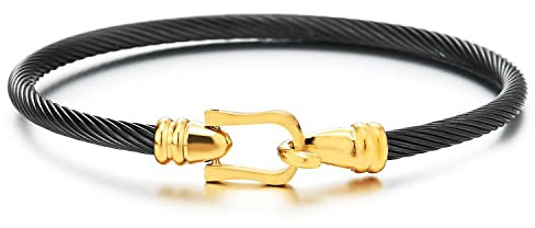 COOLSTEELANDBEYOND Elégant Noir et Or Bracelet Câble Torsadé Acier Inoxydable - Bracelet avec Crochet Fermoir Pour Femmes