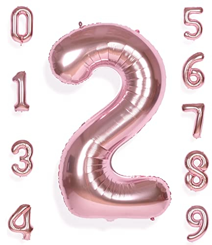 AULE Luftballon Zahl 2 Rosegold: XXL 101 cm Zahlen Folienballon Geburtstag Rose Gold 2 Jahre Helium Ballon Roségold Kinder Junge Mädchen Zahlenballon für Babyparty Jubiläum Deko